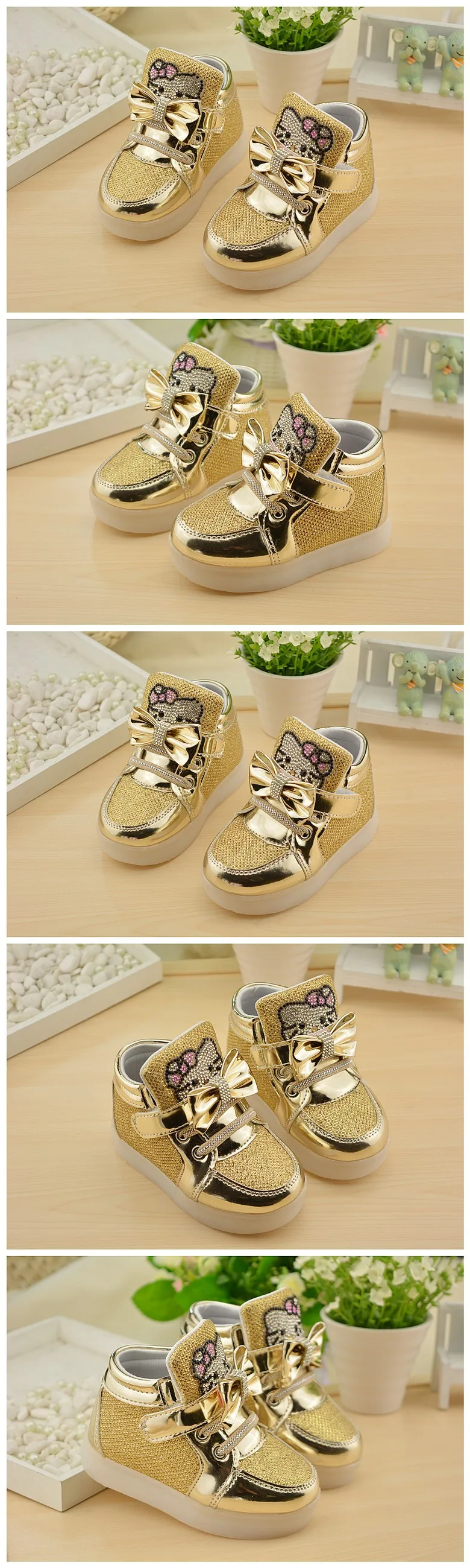 Hello Kitty со стразами светодиодный светильник обувь для детей модный костюм для маленьких девочек, из PU искусственной кожи, без застежки повседневная обувь на плоской подошве обувь на Рождество