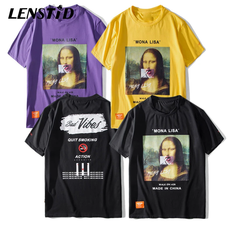 Забавные футболки LENSTID с рисунком курительной Моны Лизы уличная одежда 2019
