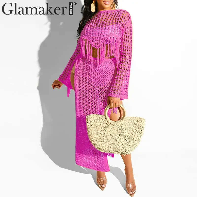 Glamaker, сексуальное трикотажное платье, женское, длинный рукав, высокий разрез, элегантное, макси платье, вечерние, для клуба, с кисточками, два предмета, костюм, платье