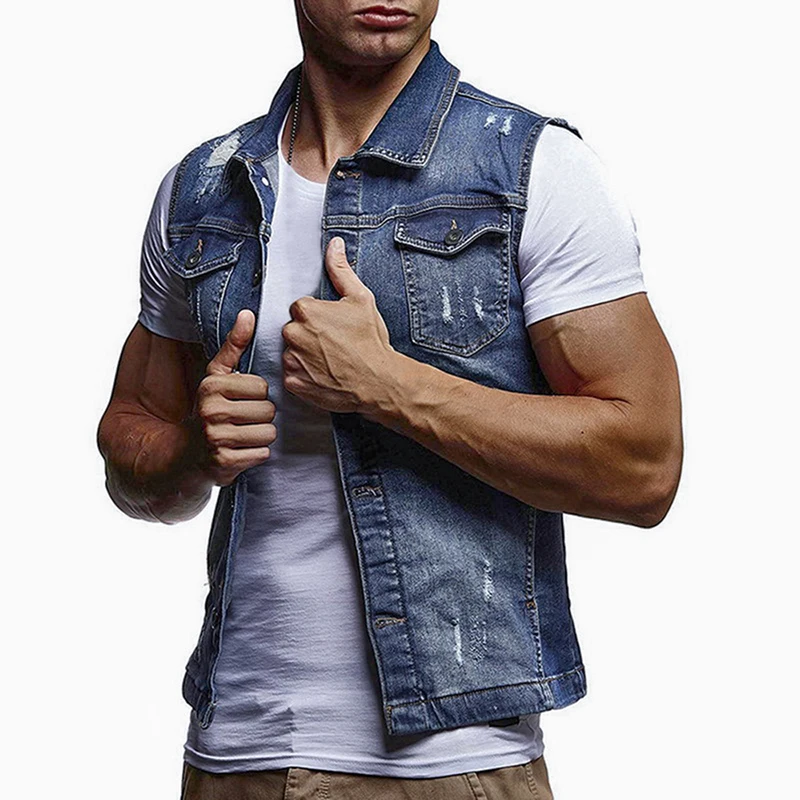 2019 весенний мужской джинсовый жилет ковбойская куртка с рваными дырками топы без