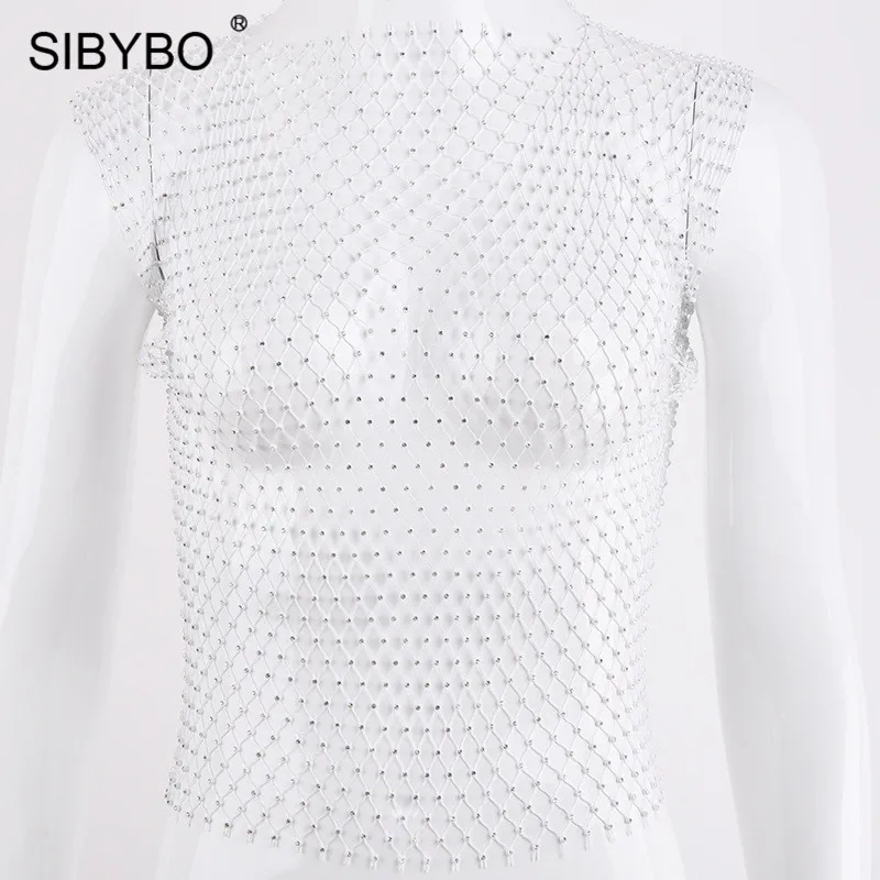 White O-Neck Женский укороченный топ в сеточку Sibybo, открытая майка без рукавов, пляжная футболка с бриллиантами, короткая камисоль для ночного клуба и вечеринок летом - Цвет: White O-Neck