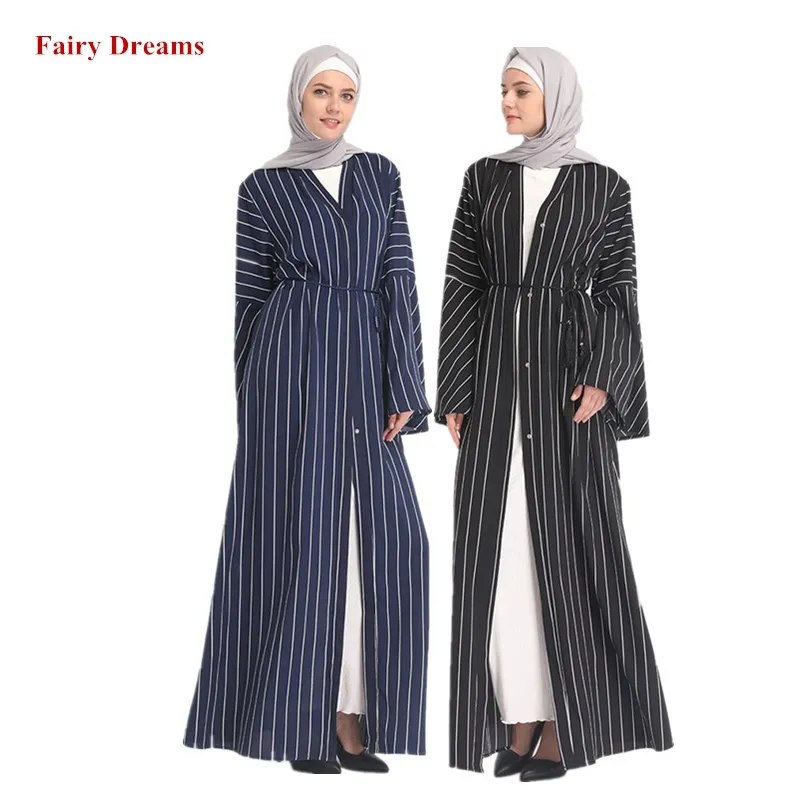 Женский кардиган в полоску Abaya черный синий мусульманский кимоно Бангладеш