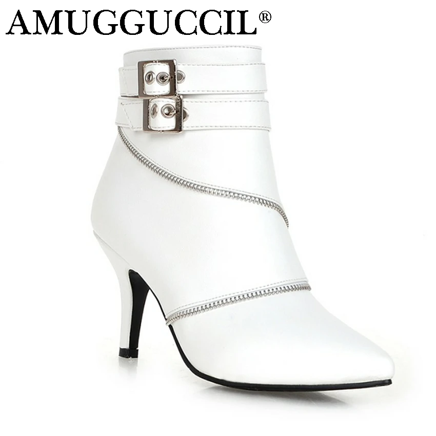 

Женские ботинки на высоком каблуке, черные, белые, персиковые ботинки на молнии с пряжкой, большой размер 32-43, X164, для весны и осени