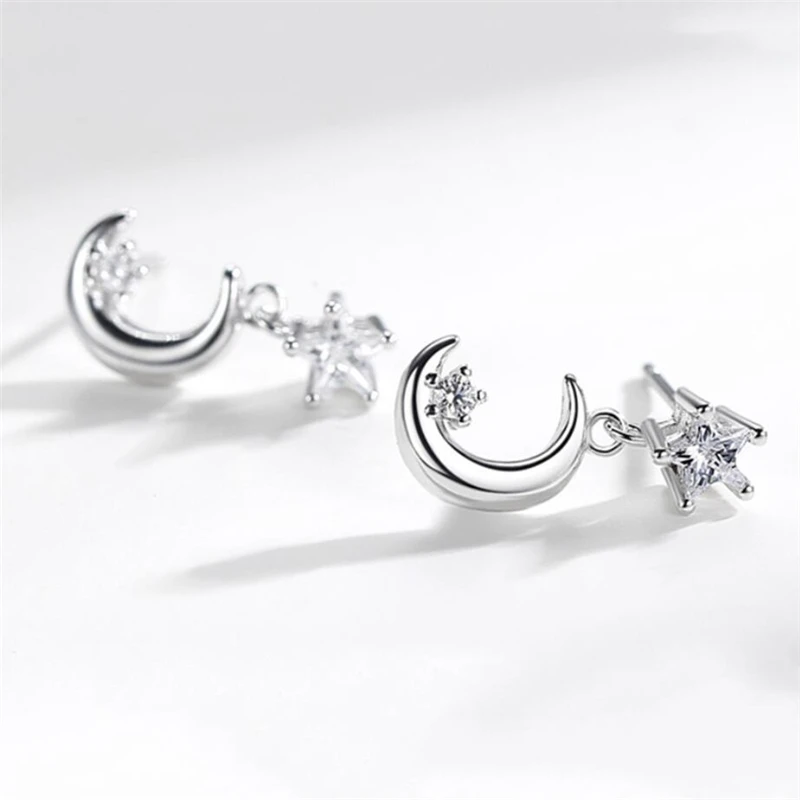 

Sole Memory Delicate Tassel Asymmetrical Moon Stars Zircon Silver Color Fashion Female Dangle Earrings SEA578