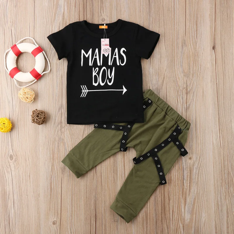 Toddler Baby Boys Fashion Active Summer 2PCS Sets Short Sleeve Letter White T-Shirts Tops Green Solid Pants Outfit 6M-5Y | Детская