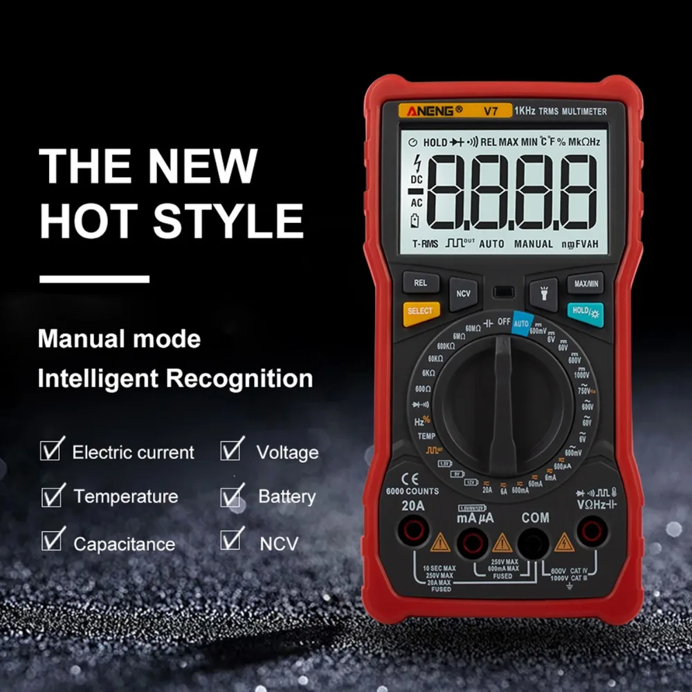 ANENG V7 6000 Counts TRUE RMS Digital Multimeter Square Wave Output Current Voltage Resistance Power Frequency Temperature Meter |