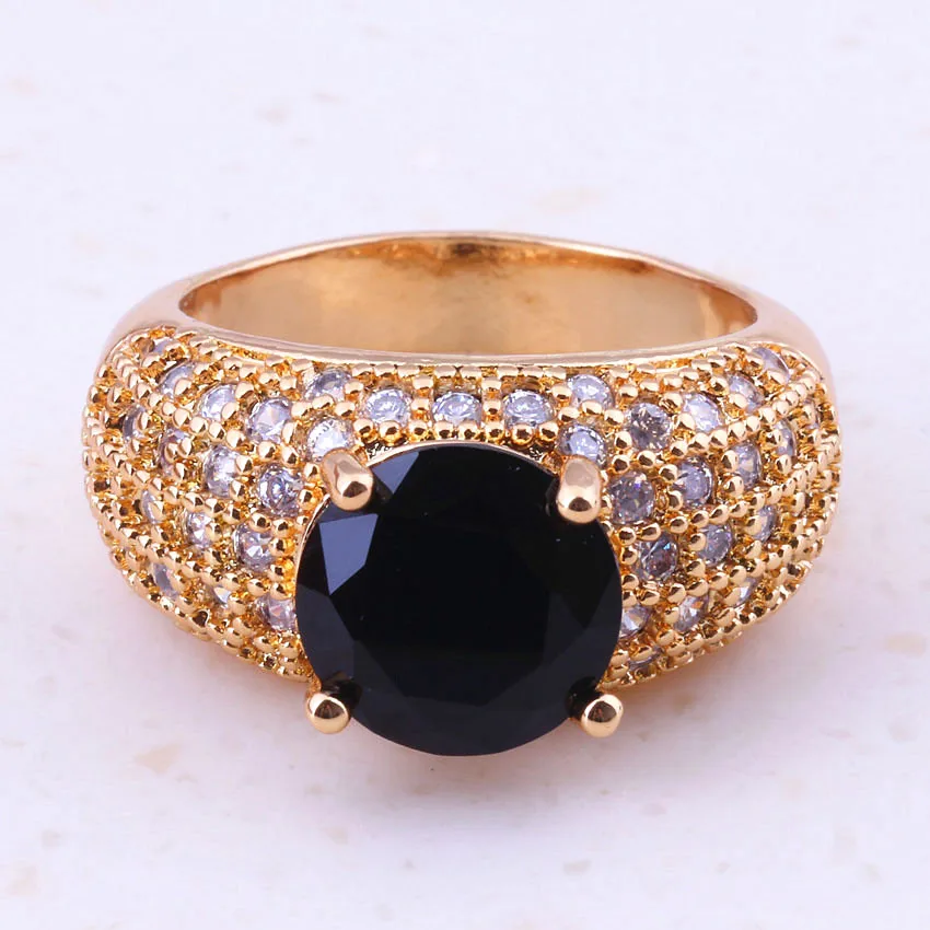 Unigue Модные кольца для женщин с черным кристаллом и фианитом желтого золота