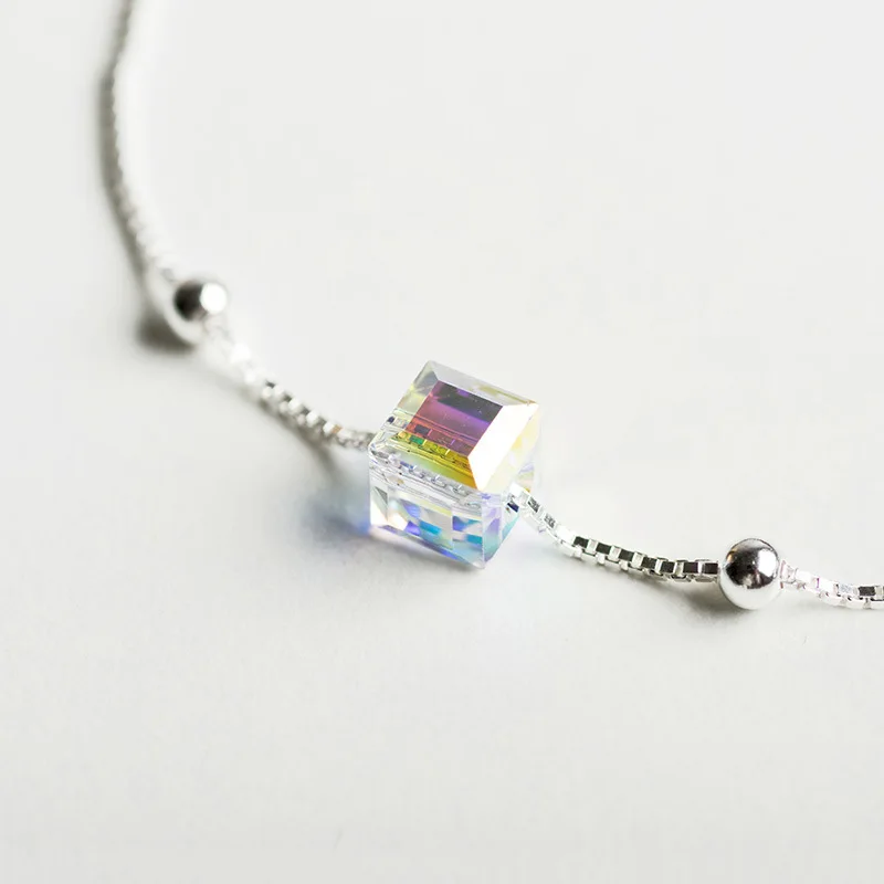 S925 Silver Bracelet Aurora Sugar Austrian Crystal Hand Jewelry Japanese and Korean Simple Fashion Sterling Chain | Украшения и