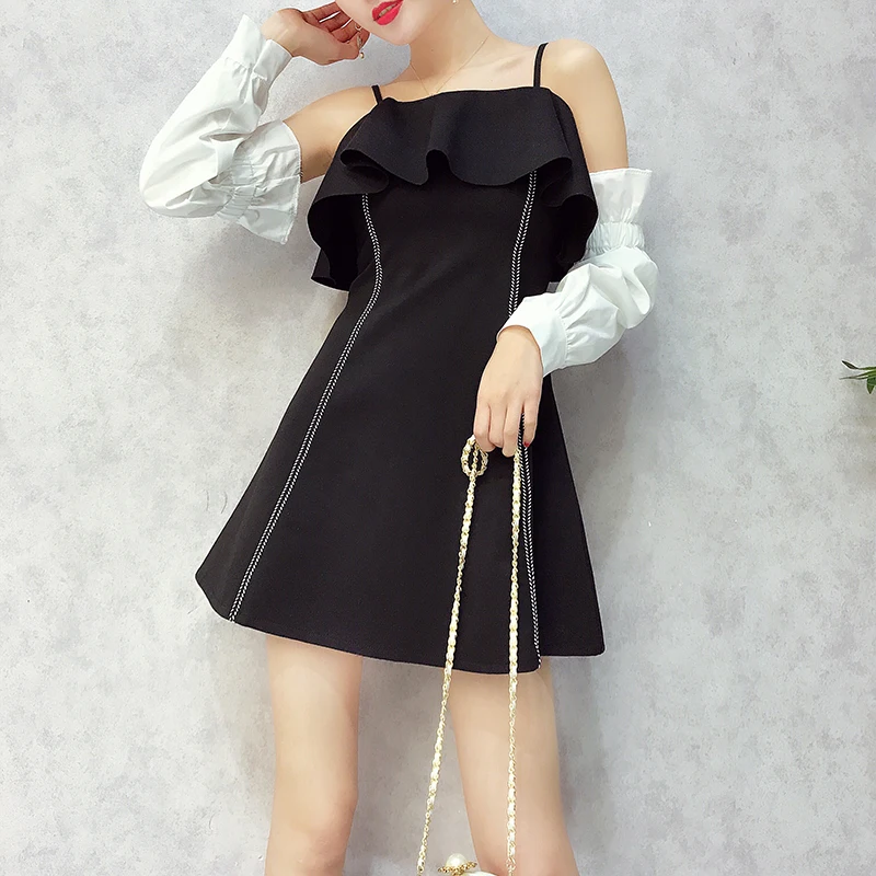 2018 Новый Для женщин Элегантный Весна summerruffles тонкий черный розовый платье без