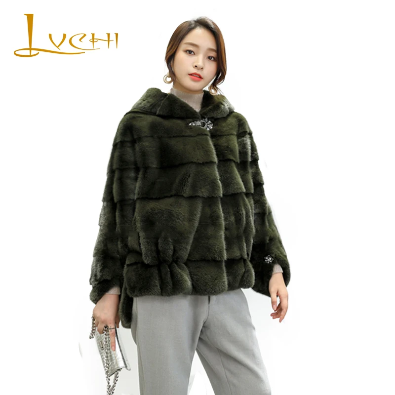 

LVCHI Winter 2019 Import Swan Velvet Real Mink Fur Coat Women's Batwing Sleeve With Fur Hood Coat Short Loss Slim Mink Coats
