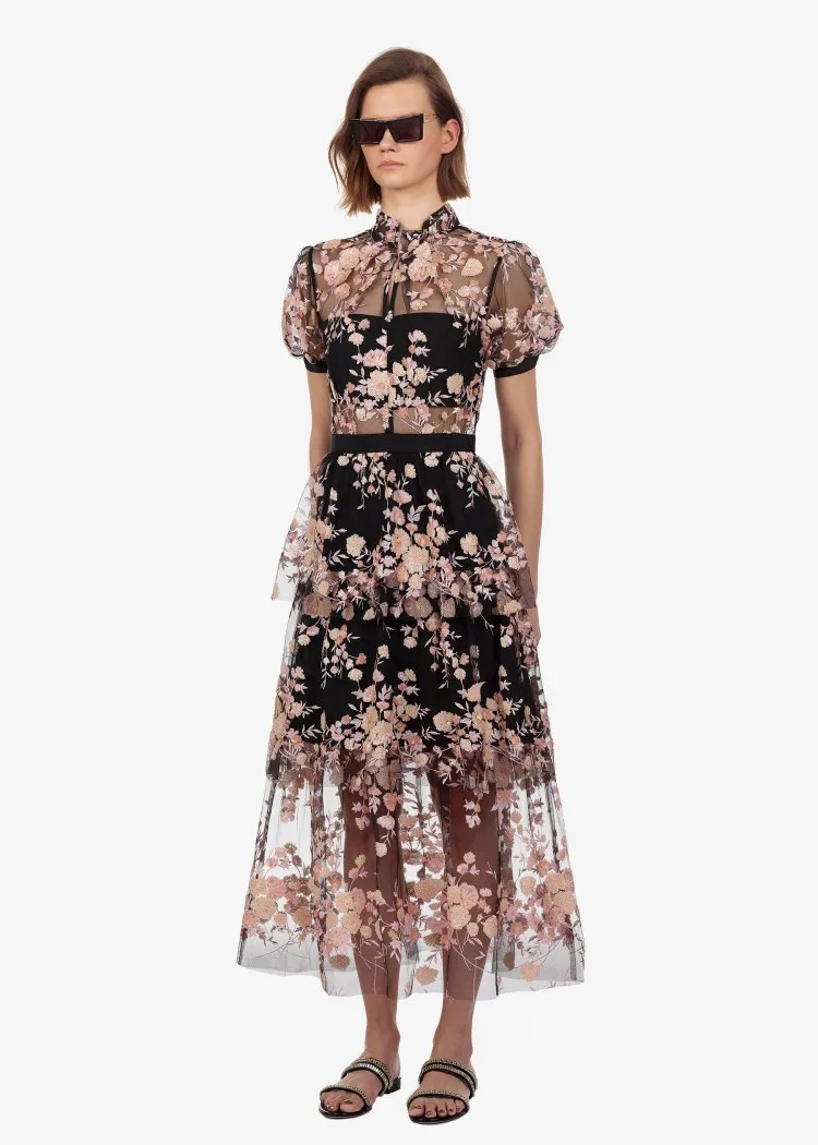 2019 год в отпуске мода цветы сеть ткани летний пояс длинное платье чёрное