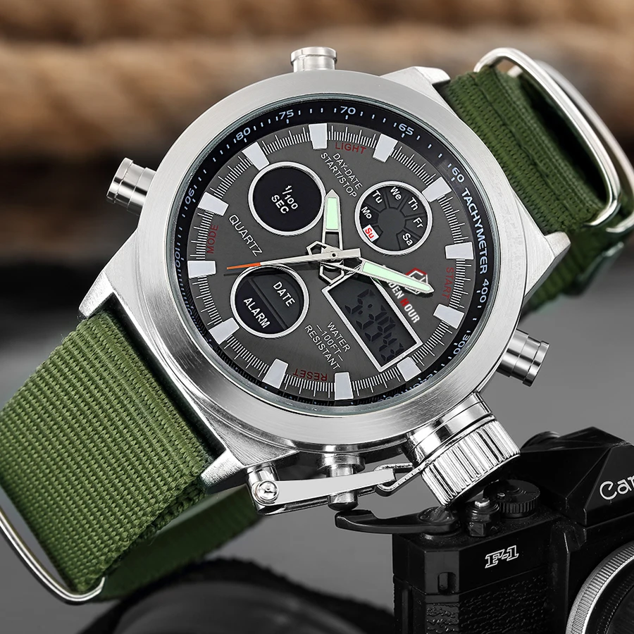 Спортивные часы Reloj Hombre GOLDENHOUR мужские кварцевые с холщовым ремешком армейские |