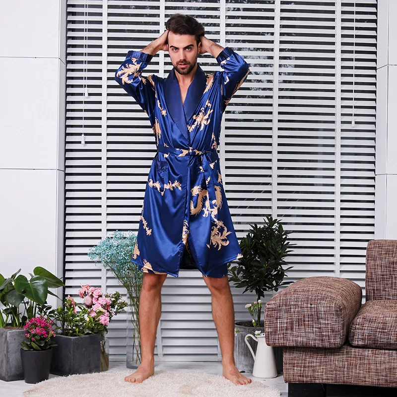 

Men Kimono Bathrobe Faux Silk Sleepwear Plus Size 3XL 4XL 5XL Male Print Dragon Robe Long Sleeve Night Dress Gown Nightwear