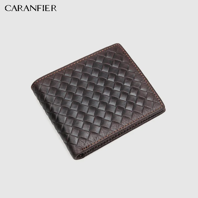 

CARANFIER 100% Top Quality Cow Genuine Leather Men Wallets Luxury dollar Price Short Style Male Purse knitting Wallet