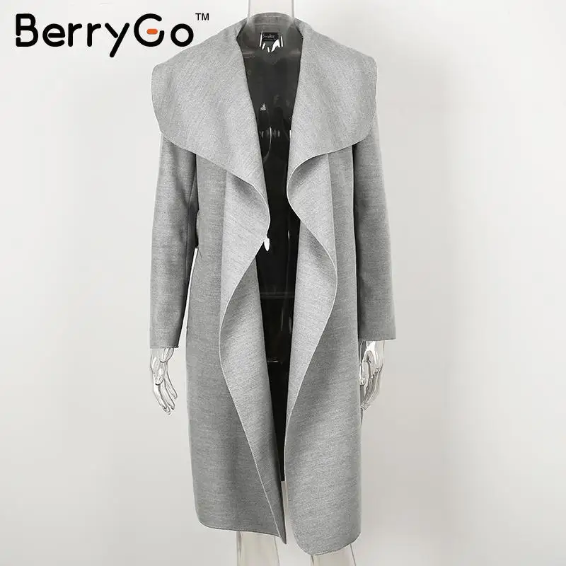 Серый BerryGo, теплая куртка с отложным воротником, Женское пальто с поясом, Черное длинное зимнее пальто, осеннее пальто, женская розовая верхняя одежда - Цвет: Серый