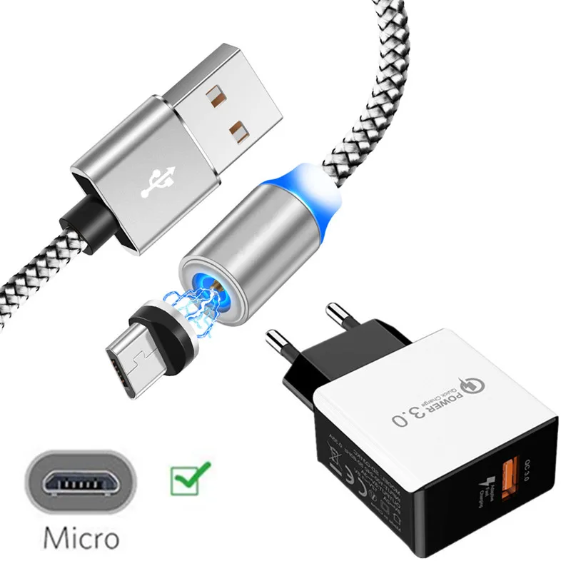 EU charger and cable Магнитное зарядное устройство Micro USB кабель для samsung Xiaomi 6A Redmi 7 6 Asus Max Pro ZB631KL ZB633KL Android phone QC 3,0 быстрый адаптер - Тип штекера: EU charger and cable