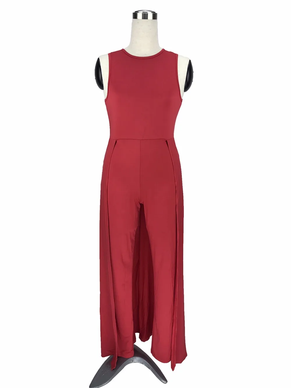 Осенние Комбинезоны женские красные длинные штаны комбинезон с круглым вырезом Элегантные обтягивающие уличные комбинезоны без рукавов официальная одежда