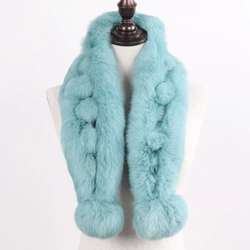 SKY BLUE Брендовый женский длинный шарф с помпонами из натурального кроличьего меха, зимний женский шарф из натурального кроличьего меха, пушистые шарфы из кроличьего меха - Цвет: SKY BLUE