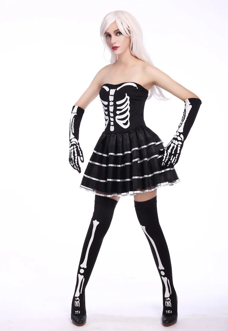 Женский соблазнительный костюм-скелет костюм зомби нарядное черное платье мисс