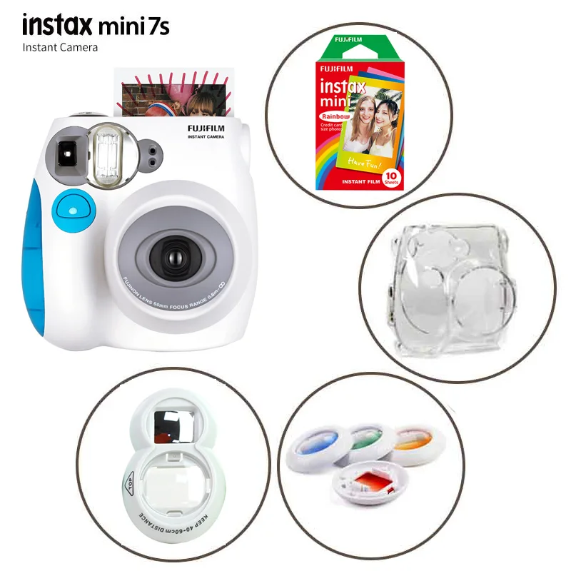 Подлинная Fuji Fujifilm Instax Mini 7s мгновенная камера и камера набор с монохромной мини-пленкой, селфи объектив, цветные фильтры, чехол - Цвет: Blue Set