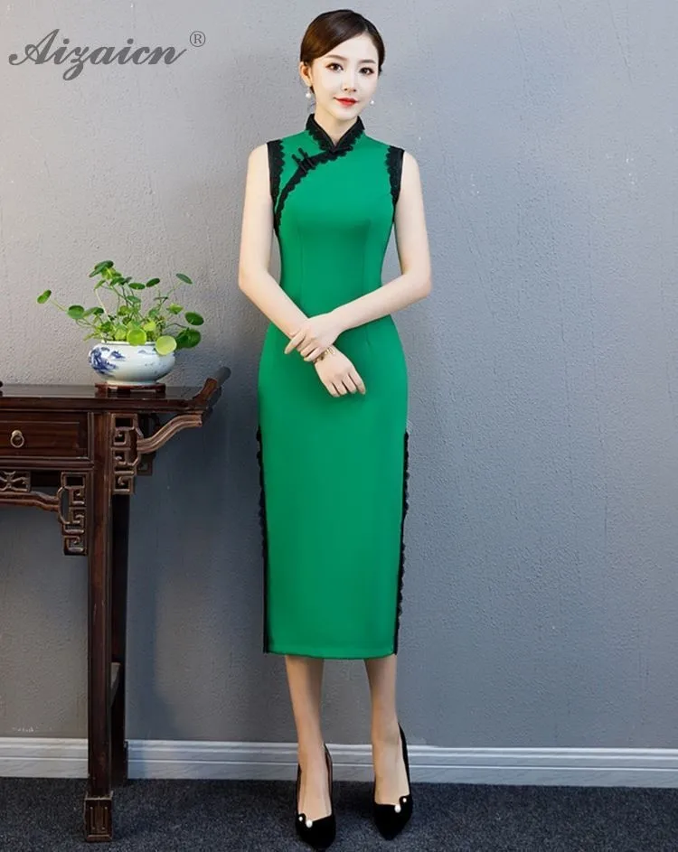 Весна Лето Новые Длинные Cheongsam современные тонкие без рукавов Qi Pao Chinoise желтые кружевные платья женское китайское платье Qipao Robe