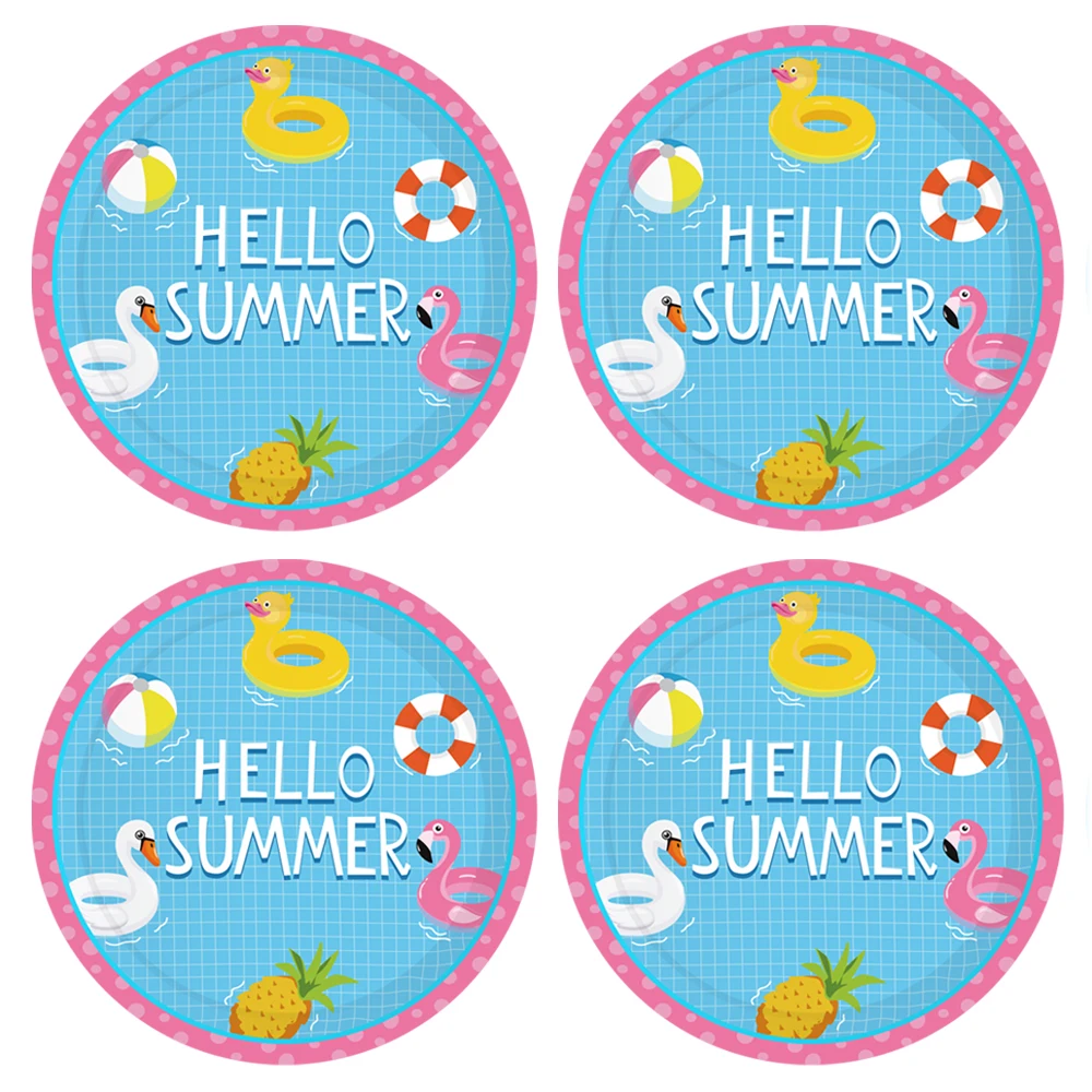 

9inch 24pcs Hello Summer Paper Plates Cartoon Swimming Pool Disposable Tableware Sets Summer Clubs Party Decorations Supplies