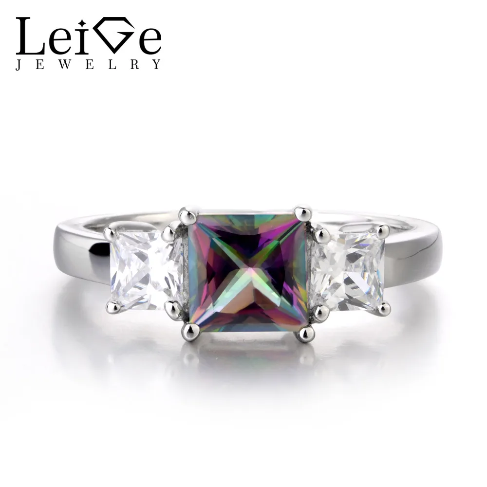 

Leige Jewelry Mystic Topaz Ring for Women Sterling Silver 925 Rainbow Topaz Rings Anniversary Gift Princess Cut Gemstone Jewelry