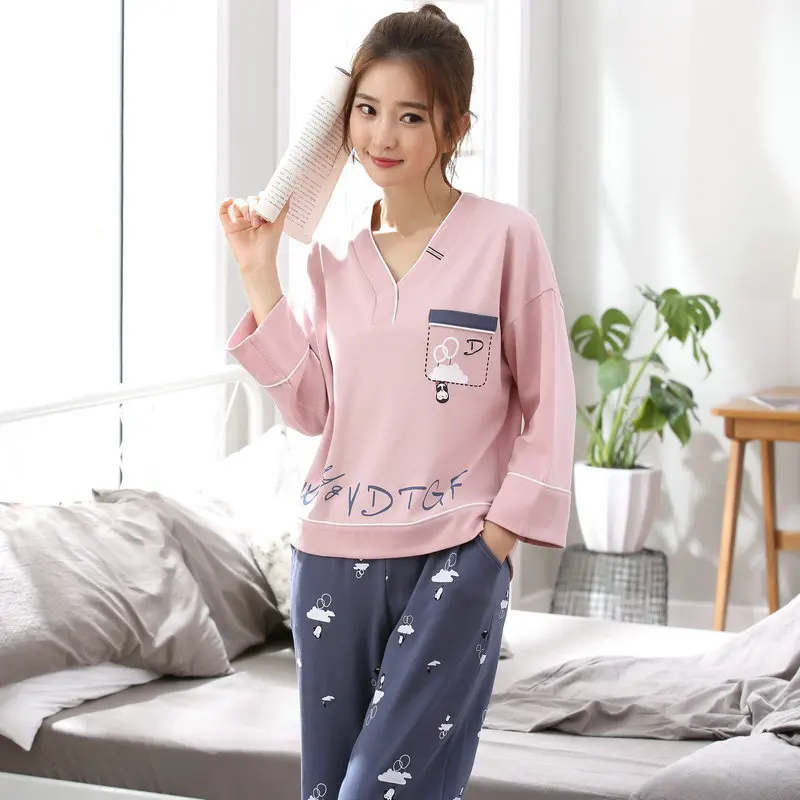 Осенне-зимняя женская Хлопковая пижама с длинным рукавом милые и красивые
