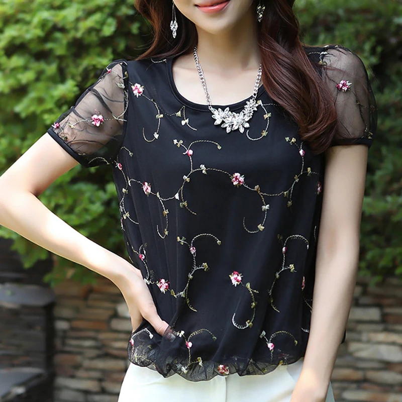 Летний стиль женские рубашки с цветочной вышивкой винтажная Цветочная сетка