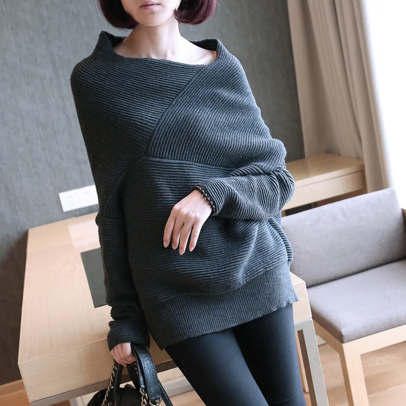 Irregular Collar Sweater Women Winter Female Off Shoulder Batwing Sleeve Pullovers Knitwear Warp 2018 Plus Size Befree Cloth | Женская