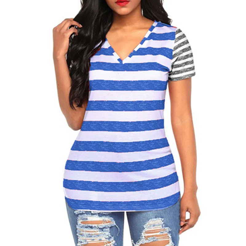 Женская футболка в полоску с v-образным вырезом и коротким рукавом | одежда