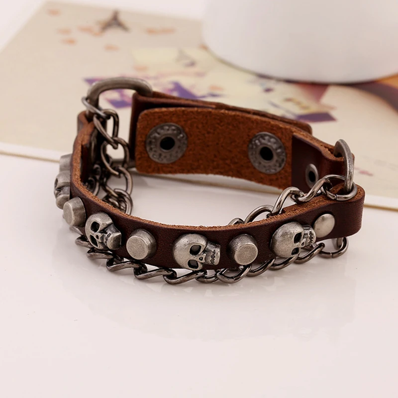 Новый Модный Ретро Рок панк браслет из натуральной кожи с черепами и заклепками