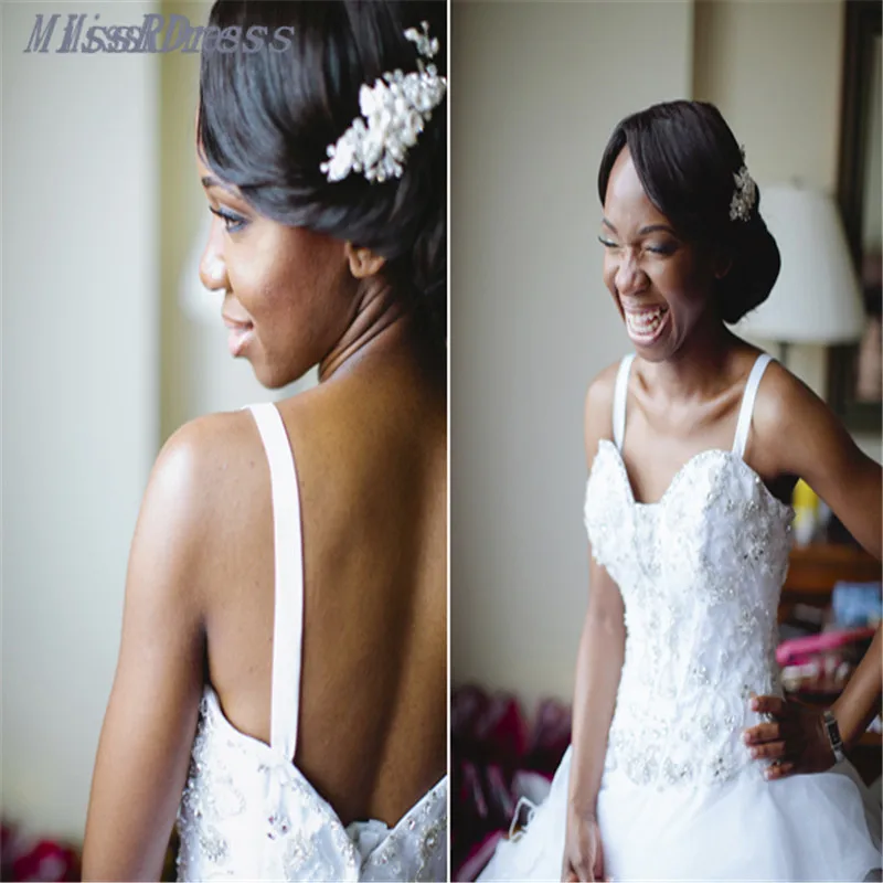2017 Spaghetti Strap Organza Ball Gown Nigerian Wedding Dresses with beaded applique Corset Tiered skirt Africa Gowns | Свадьбы и