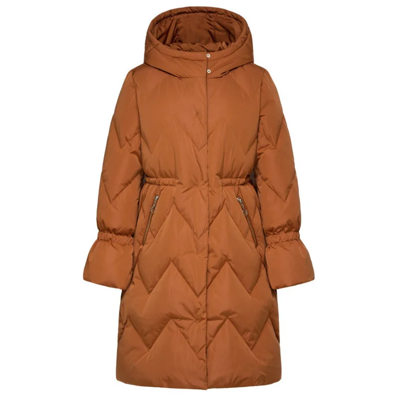 SEMIR женское стеганое длинное пуховое пальто с капюшоном с карманом на молнии и застежкой-защелкой пуховое пальто со скрытым шнурком на талии - Цвет: Orange red