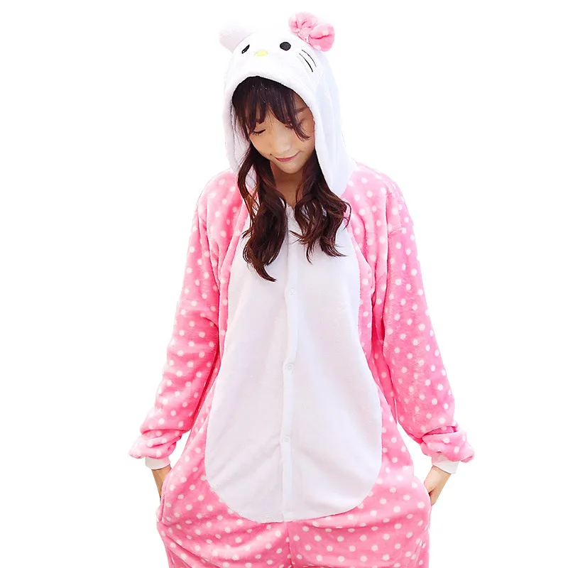 Kigurumi Bow Cat Pajama Adult Animal Onesies for Women Men Couple Winter Pajamas Kegurumi Sleepwear Flannel Pijamas pyjama