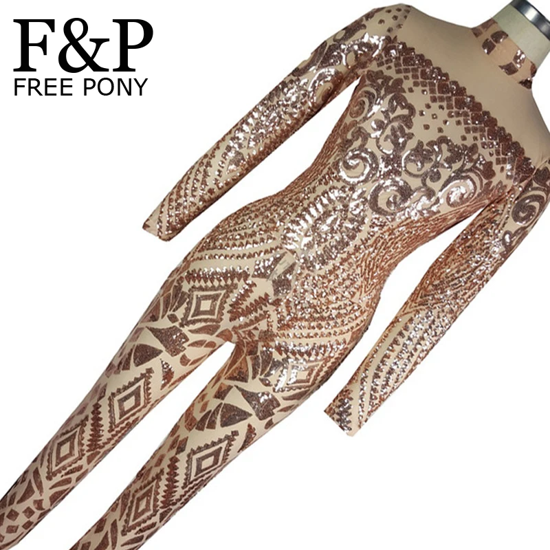 2017 комбинезон женский s сексуальный Золотой геометрический Татуировка блестки с