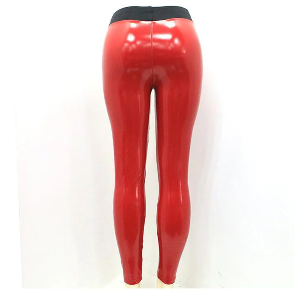 Red Leggings Для женщин Искусственная кожа с мокрым эффектом Блестящий металлический Высокая Талия Леггинсы, трико, брюки черный, красный эластичные узкие высокие облегающие леггинсы для бега - Цвет: Red Leggings