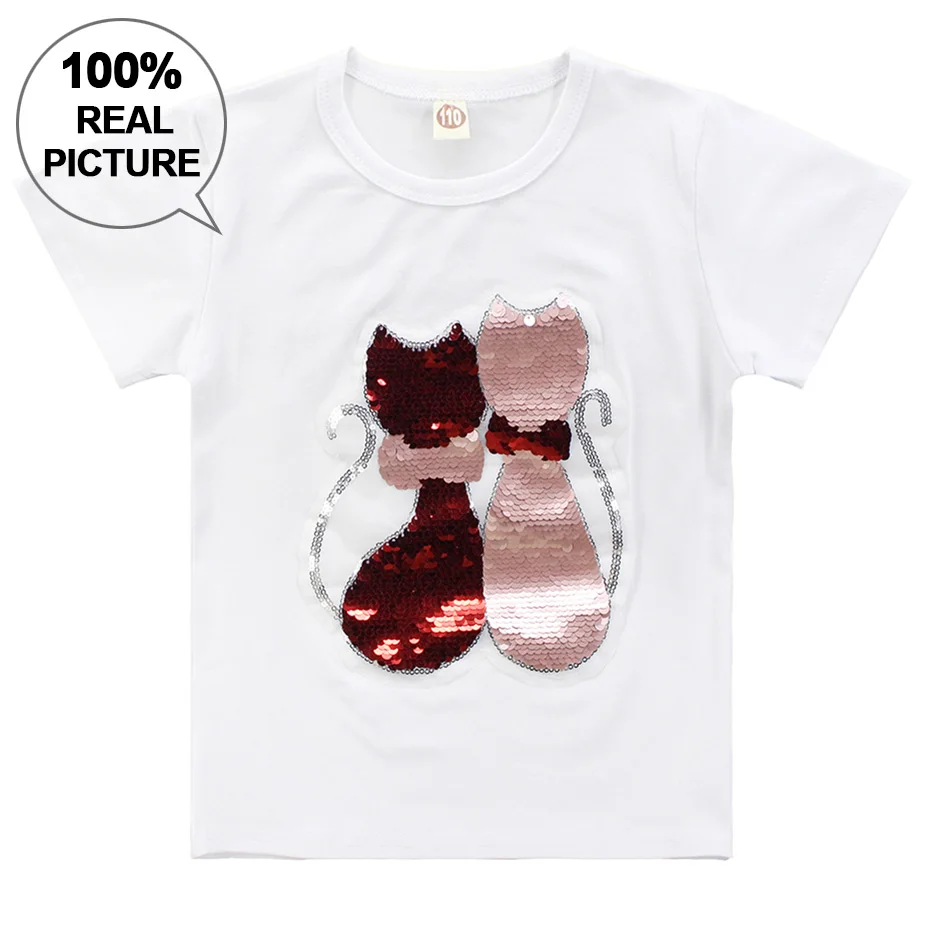 Girls T Shirt Cartoon Cat Girls Shirt Short Sleeve Summer Kids White T Shirt School Costume For Girls 6 8 10 12 13 Year - Цвет: As Picture