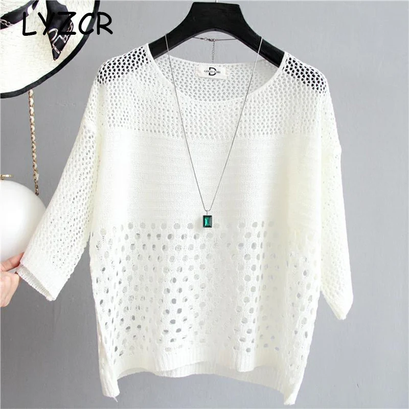 Transparent Knitted Sweater Women Summer Jumper Bat Sleeve Hollow Out Women's Oversized For Loose Knitwear Top | Женская одежда