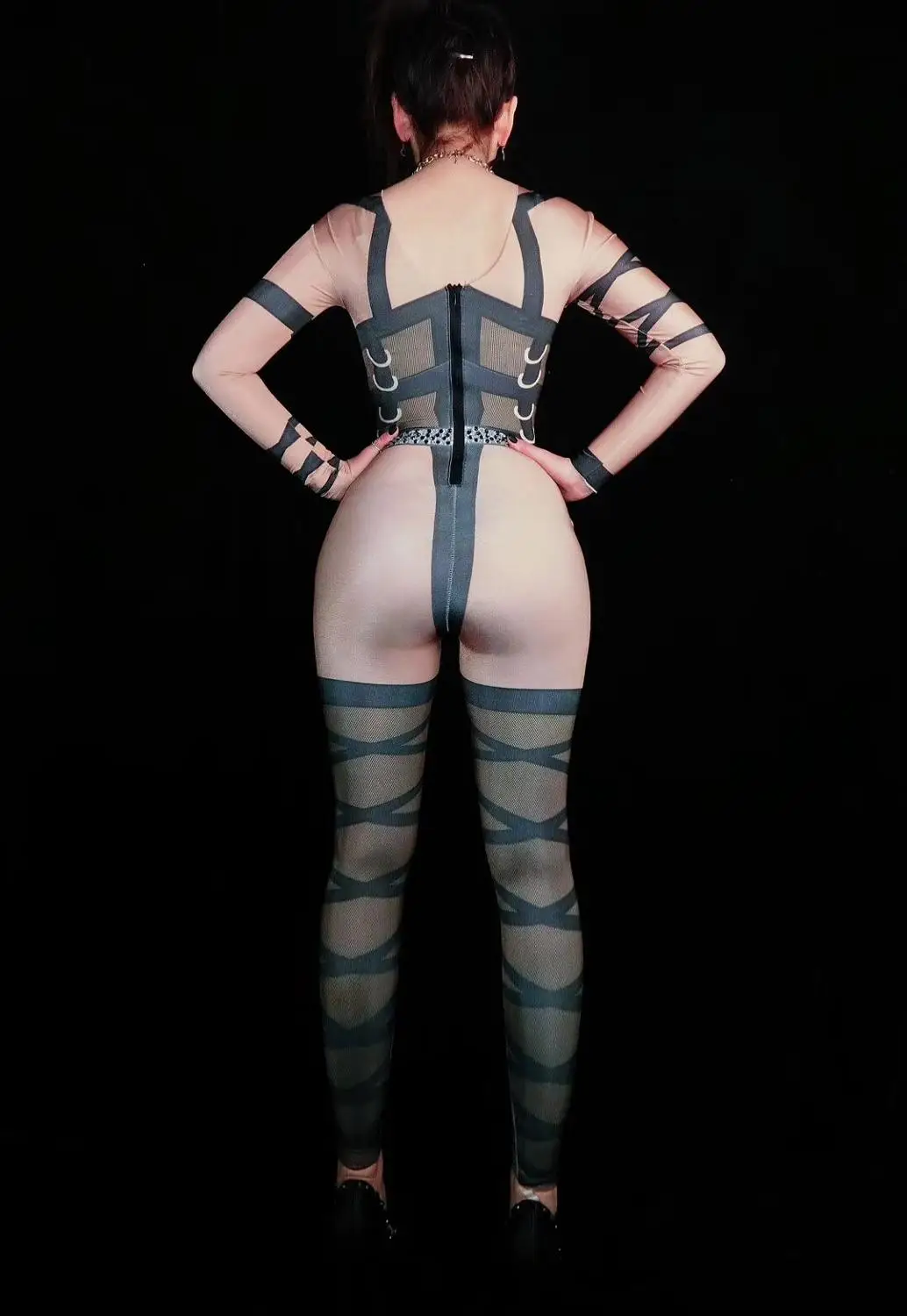 

3D Bandage Print Tight Fitting Jumpsuit Silver Rhinestones Skinny Romper Sexy Leotard Stage Wear Nightclub Female Singer Costume