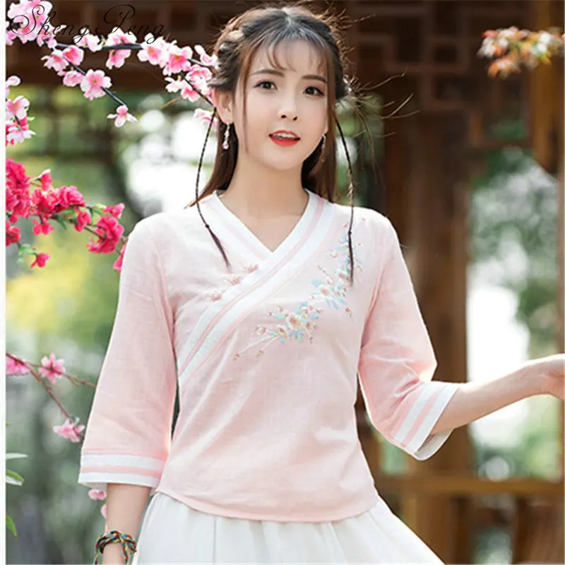 Китайский традиционный костюм cheongsam Топ льняная рубашка для женщин Элегантный Хлопок и лен воротник стойка блузки CC384