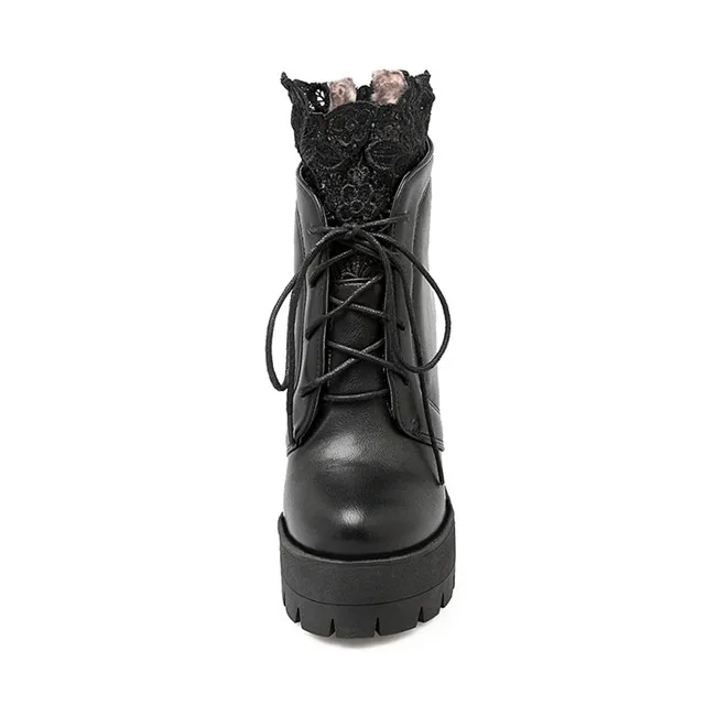 YMECHIC Lady Lace Up Platform Block High Heel Ankle Short Motorcycle Boots White Black Womens Autumn Gothic Shoes Plus Size