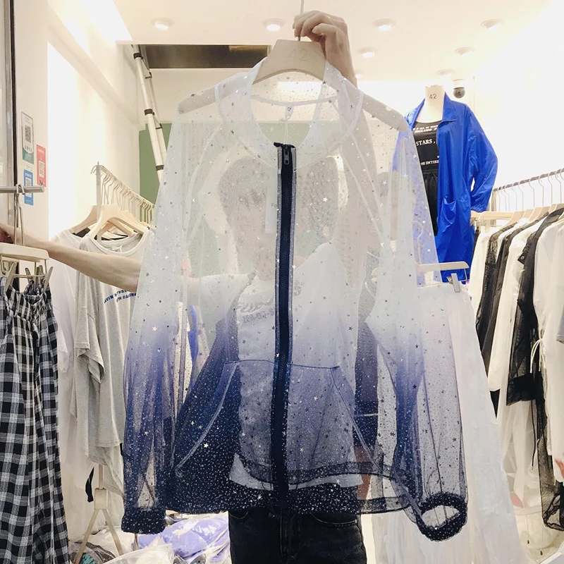 Harajuku солнцезащитное пальто, градиентная Женская куртка с блестками, женская тонкая куртка размера плюс, Женское пальто с длинным рукавом, прозрачная куртка