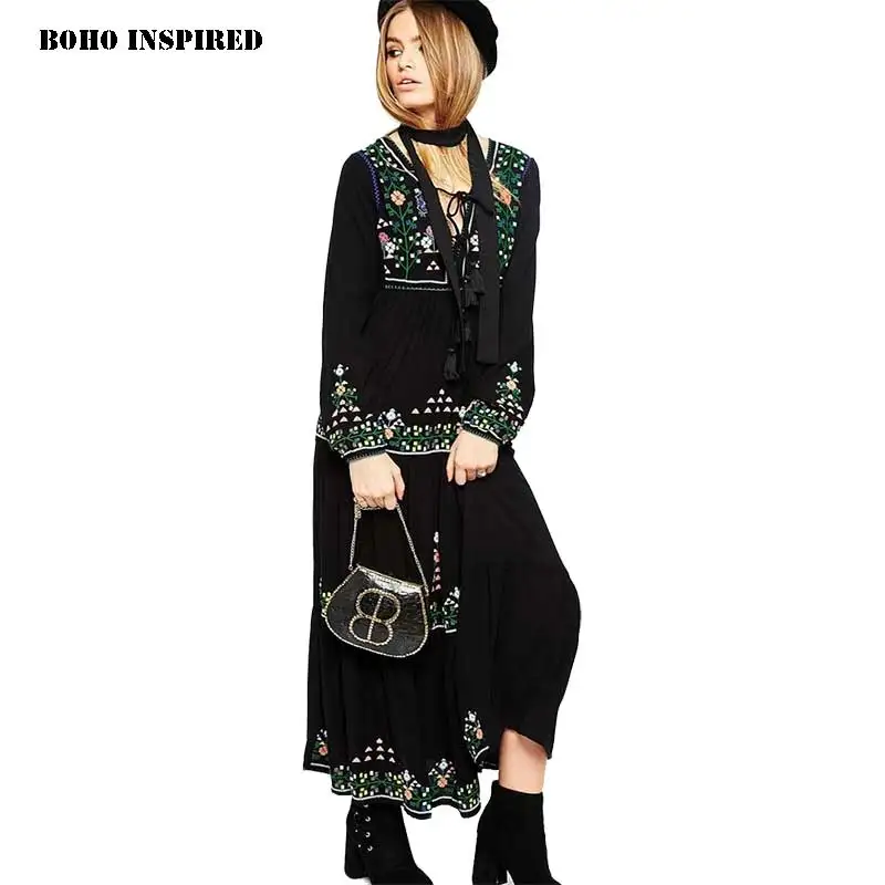 BOHO вдохновленный черный зимнее платье цветочной вышивкой женские макси платья