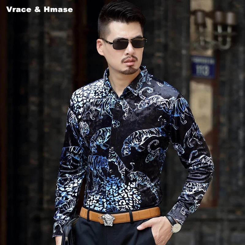 

European-style stamping animal pattern 3D printing long sleeve shirt Autumn&Winter New high-quality gold velvet shirt men M-XXXL