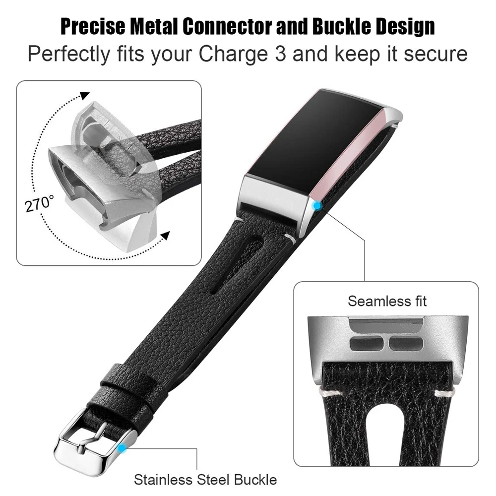 Genuine Leather Band Replacement for Fitbit Charge 3 SE Black Wrist Strap Watch For Fibit Small Large | Электроника