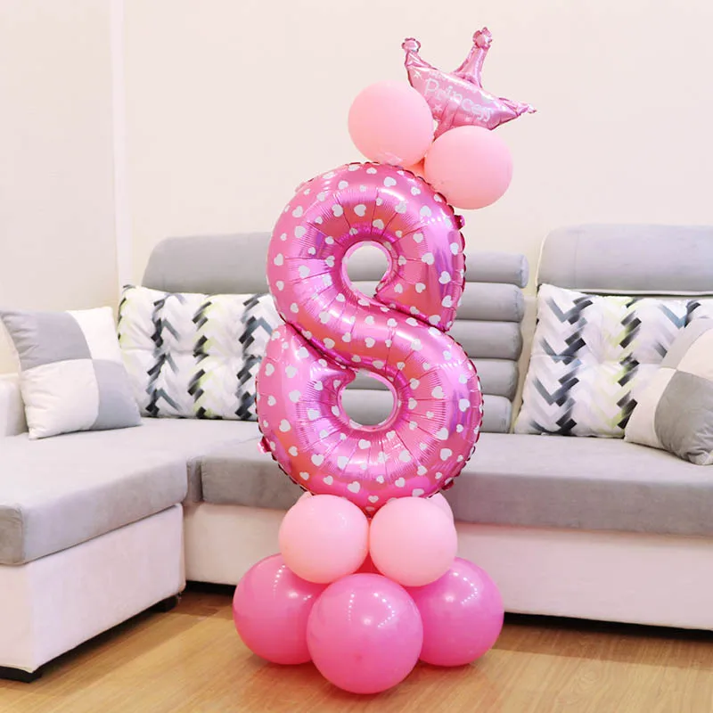 1set Blue Pink Foil Number Balloon Air Ballons Baloons Crown Anniversary Baby Shower Kids Happy Birthday Boy Girl | Дом и сад