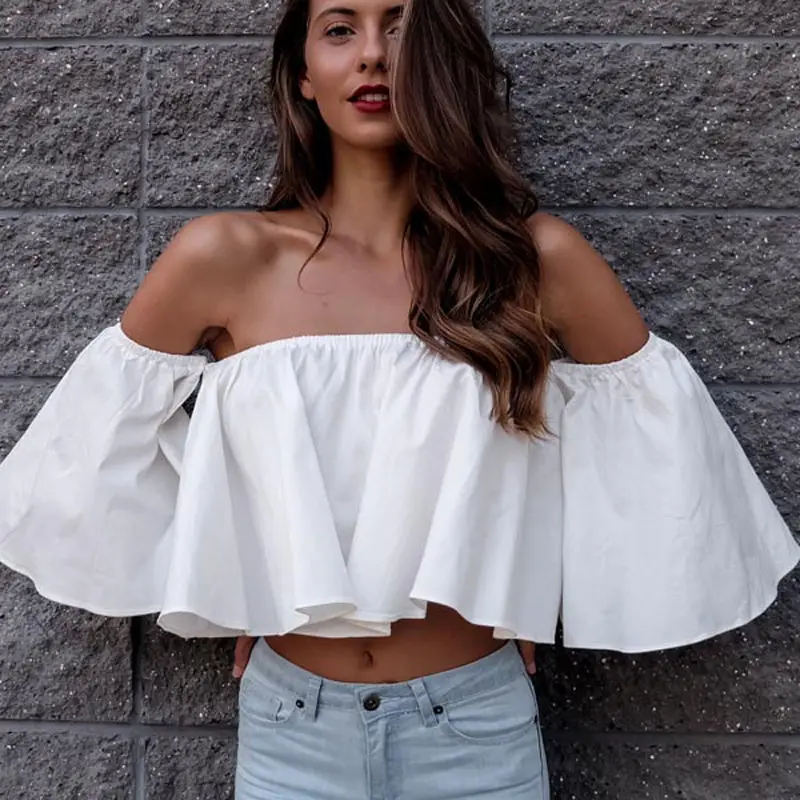 New Fashion Women shoulderless Flare sleeve Chiffion Blouses Off shoulder Shirts Summer Casual Tops