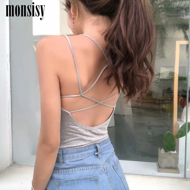 Женский короткий лифчик Monsisy однотонный бесшовный топ на бретельках с вырезом