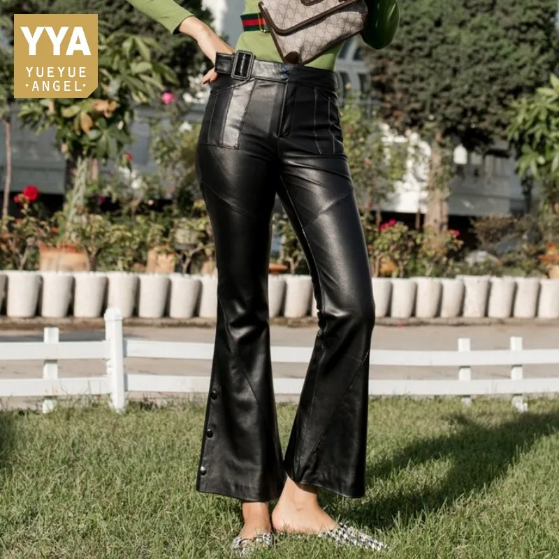 Модные осенние кожаные штаны из овечьей кожи черные облегающие брюки с высокой